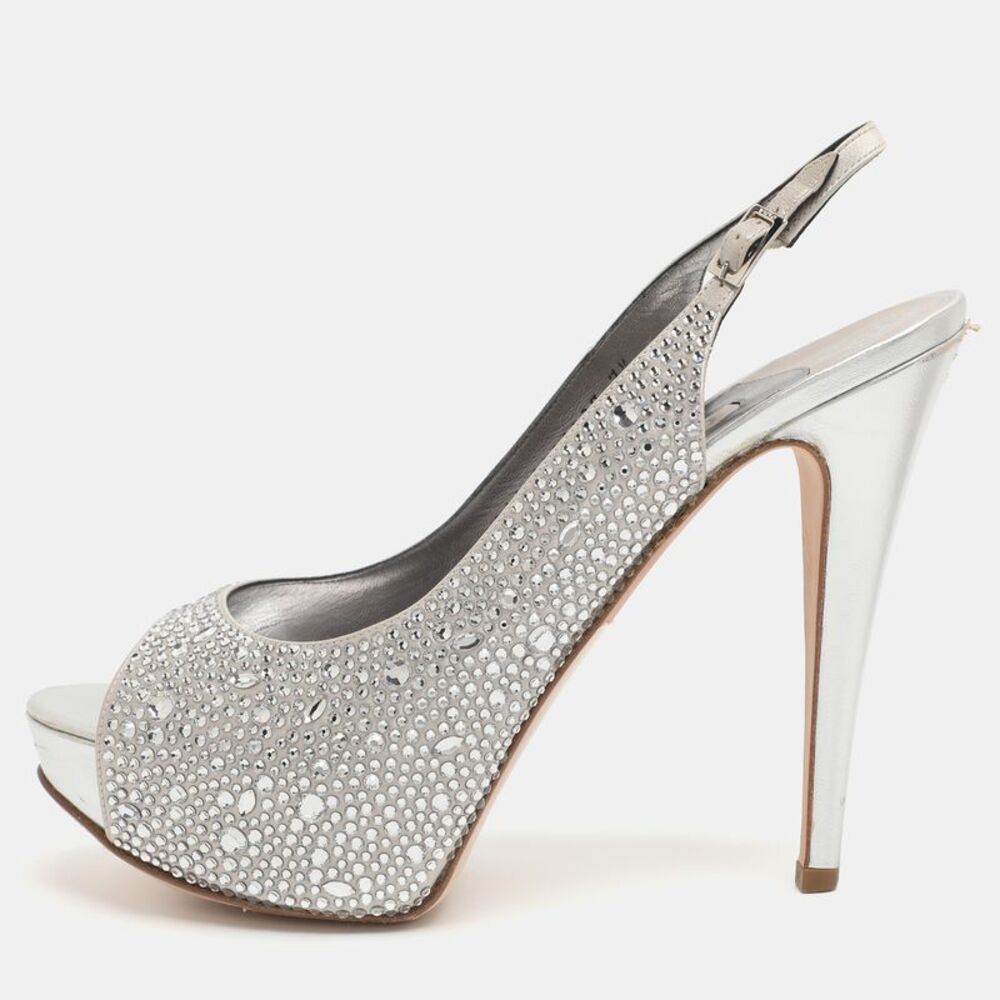 Gina Size 40.5 Silver Crystals And Satin Slingback Platform Sandals